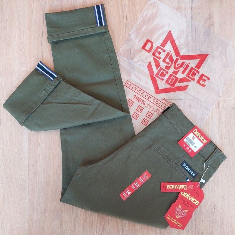 CELANA PRIA CHINO Slim Fit Panjang Pria Kerja Kantor Santai Liburan Cowok Original Delvice Denim Strice Selvedge Distro Hijau army Navy