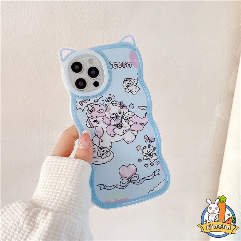 IPHONE Casing Kompatibel Untuk Iphone14 13 12 11 Pro Max X Xr Xs Max8 7 6 6s Plus SE Casing Ponsel Telinga Kucing Unicorn Kartun Lucu Lembut Bergelombang Edge Case Silicon Anti-Shock Bumper Cover Pelindung