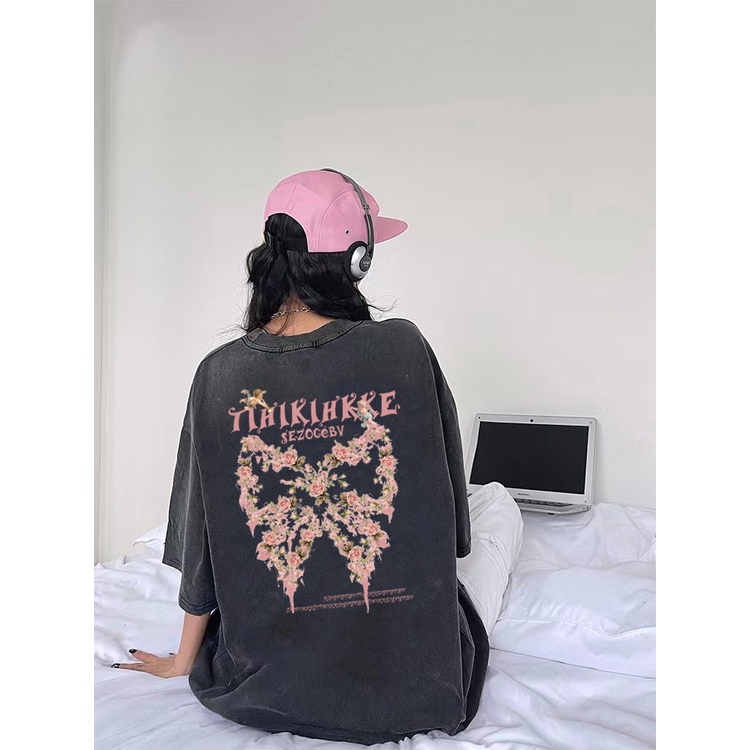 EUNII T-shirt Lengan Pendek Black Washed Retro Pink Bow Printing Korean Style/Kaos Atasan Wanita/Baju Wanita/Kaos Wanita