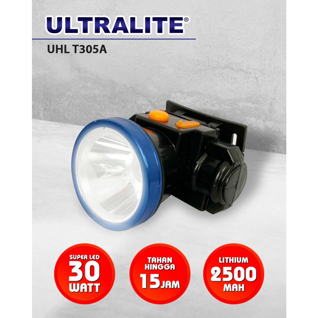 Senter Kepala Super Terang 30 WATT Tahan 15 Jam ULTRALITE UHL-T305A SENTER SOROT LED SUPER TERANG bonus lensa kuning