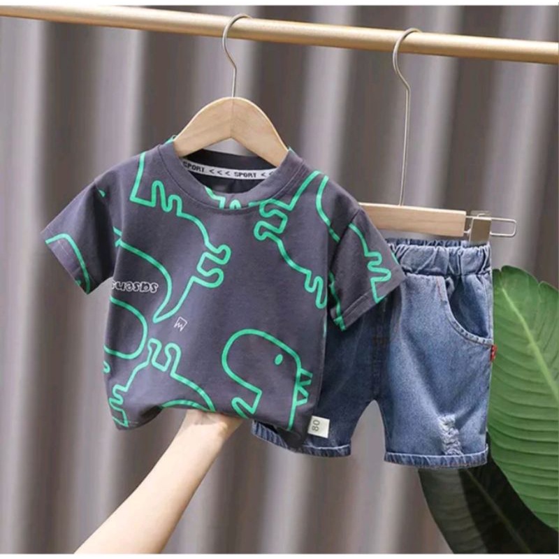 Promo setelan anak motif dino sansen terbaru baju anak setekan anak pakaian anak