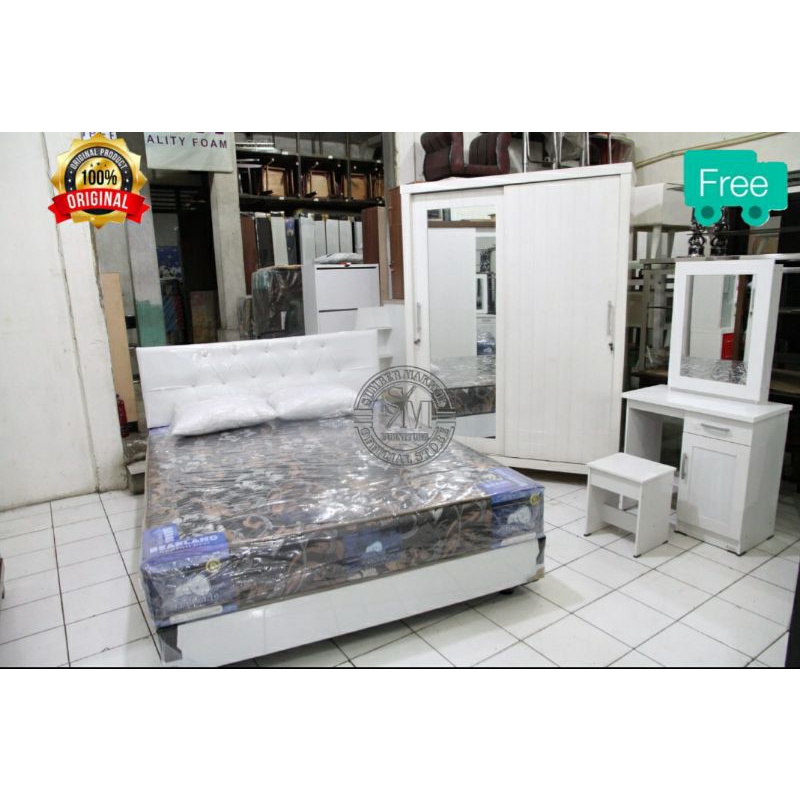 Paket Hemat Set Kasur Spring Bed,Lemari Sliding Jumbo Bloktik & Meja Rias