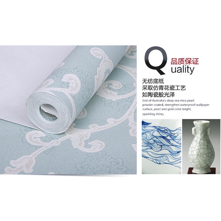 AKN88 - Wallpaper 3D Non Woven Porcelain Europian Style 53cmx10m - Blue Cyan 68096