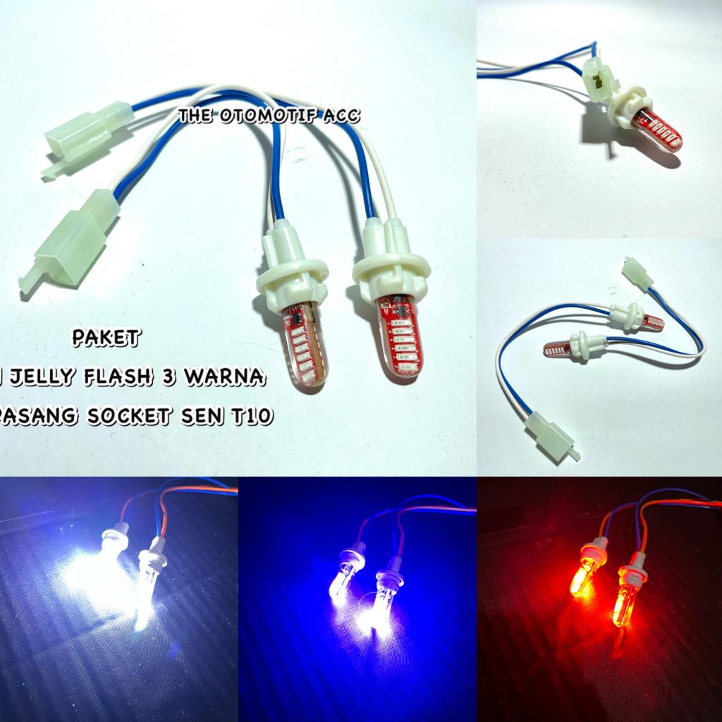 PAKET SEPASANG LAMPU SEIN JELLY 3 WARNA RGB PLUS 2PCS SOCKET SENJA T10 / LAMPU SEIN MOTOR / LAMPU SENJA / LAMPU SEIN MOTOR / Lampu sen dajjal motor / Lampu variasi motor / Lampu pariasi motor / Lampu sein kedap kedip / Lampu sein kedap kedip