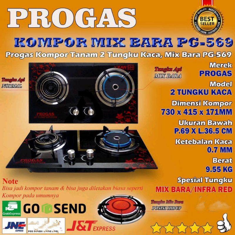 Progas , kompor , Gas , 2 tungku , Infra Red , Mix Bara, Tanam , kaca