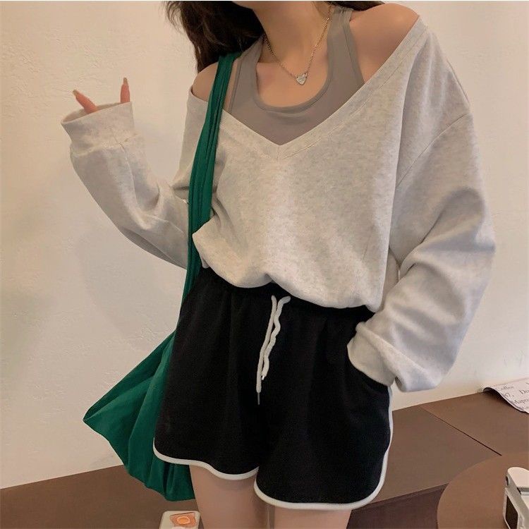 ◐Palsu dua potong splicing warna kontras sweater wanita musim semi dan musim gugur bagian tipis longgar bagian pendek strapless gadis panas goreng jalan chic top pakaian