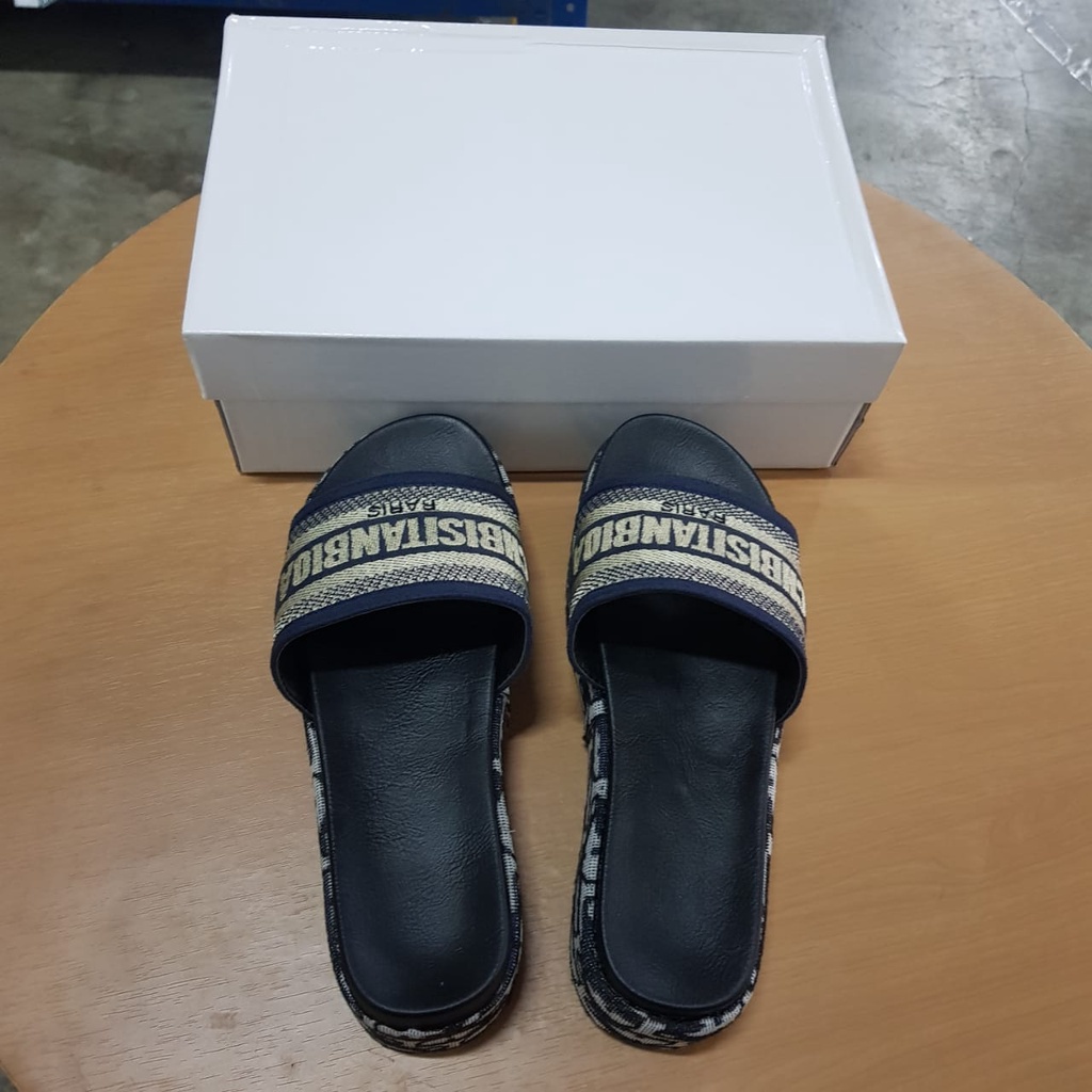 [✅BISA COD] 0392 BLUE EMBROIDERED SLIDE THICK SLIPPER (REAL PICTURE)