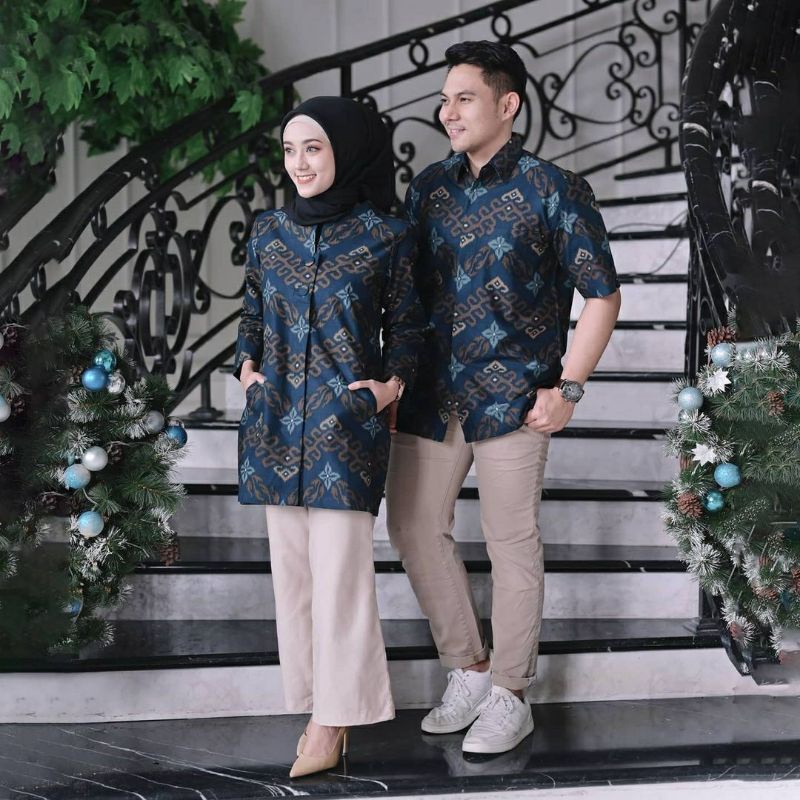 Batik couple sarimbit pria &amp; wanita batik bahan katun reguler songket navy