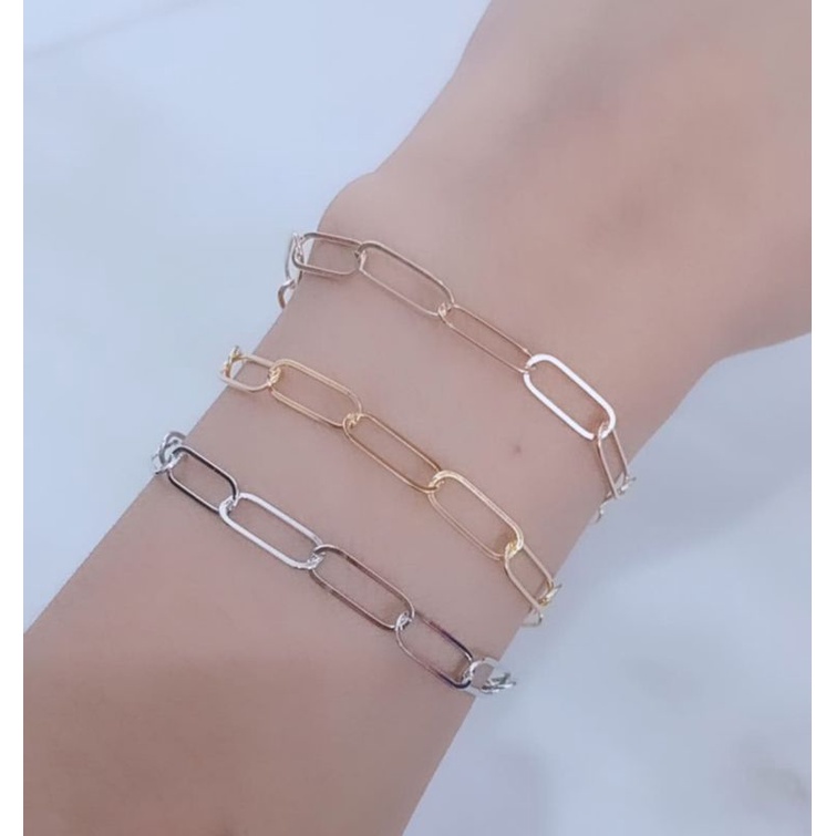 gelang rantai paperclip lebar + 1 bel / gelang perak asli silver 925 lapis emas/ gelang fashion wanita terbaru