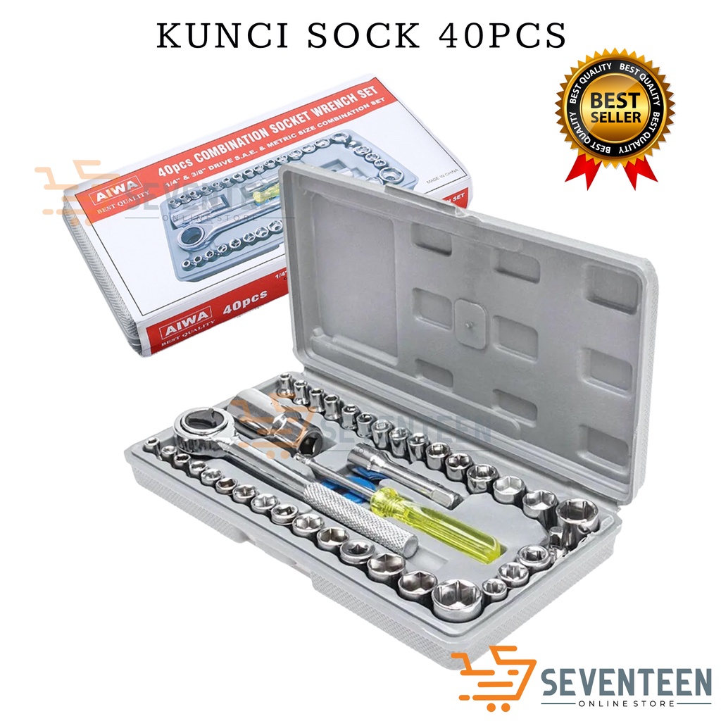 SEVENTEEN KUNCI SOK LENGKAP 40PCS 1/4 AIWA KUNCI SOCKET SOKET SHOCK SET BENGKEL MONTIR TEKNISI KUNCI WRERNCH PAS SOCKET TOOL KIT SET