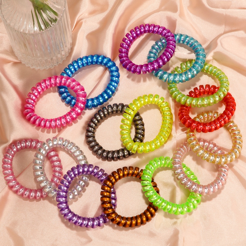 15pcs/set Korea Fashion Aksesoris Rambut Gaya Sederhana Emas Pink Pasir Terang Kabel Telepon Rambut Cincin Besar Plastik Ikat Kepala Perhiasan Gadis Seksi