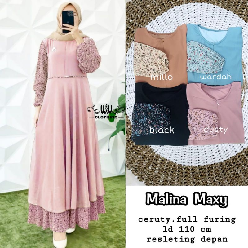 (COD) MALINA MAXY PRODUK BY W&W Dress Ceruty Polos Mix Motif Simple HQ Wanita Ld 110 cm Resleting de