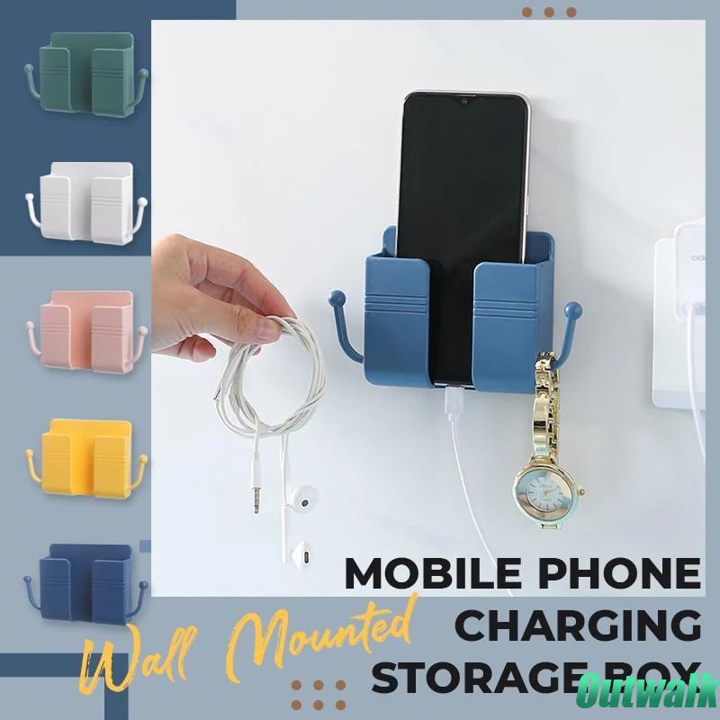 ღ Dinding Telepon Plug Pemegang dengan Kait Penyimpanan Tidak Meninju Kotak Penyimpanan Remote Control Penyimpanan Case Charger Hook Kabel pengisian Dock Stand Rumah Penyimpanan Wadah