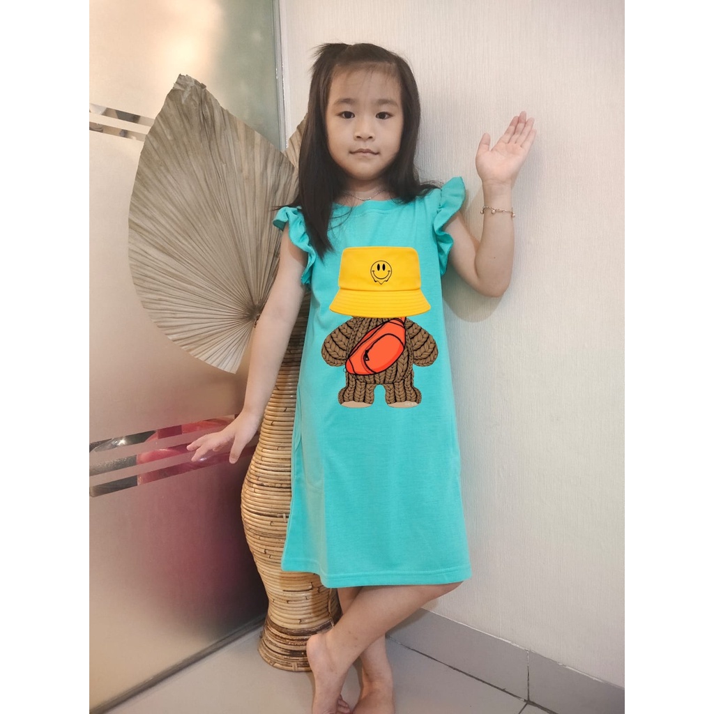 Hzl_outfit Dress Anak Hazel Kerut Lengan Boneka Topi (6-8Tahun)