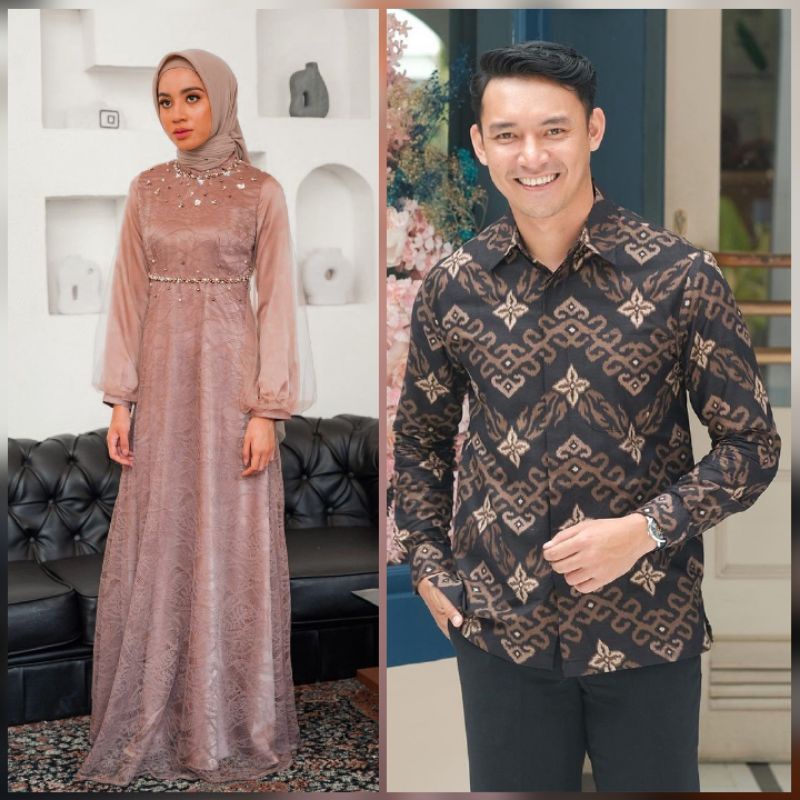COUPLE DRESS NADINE WARNA NUDE EXLUSIVE DRESS MODERN BAJU BUSANA MUSLIM RAMADHAN KONDANGAN BAJU PASANGAN BATIK SARIMBIT