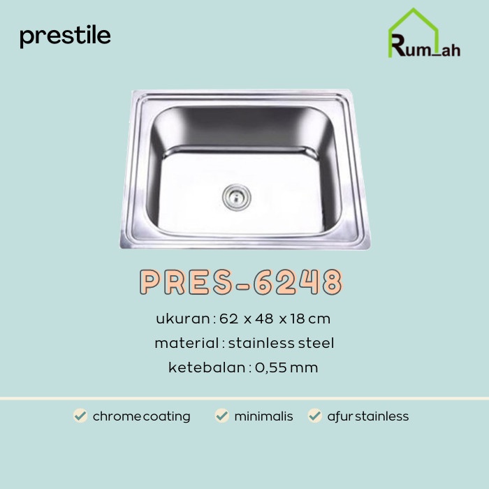 BAK CUCI PIRING KOTAK KECIL 62X48 1 LUBANG + AFUR STAINLESS / KITCHEN SINK PRESTILE