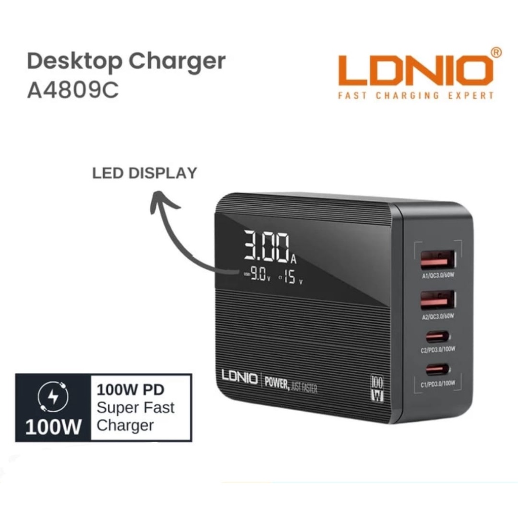 Charger LDNIO A4809C Super Fast Charging 4 Port 100W Desktop Charger