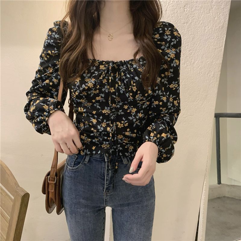 Red French square collar floral long-sleeve shirt women s autumn unique chic top slim fit short design niche shirt