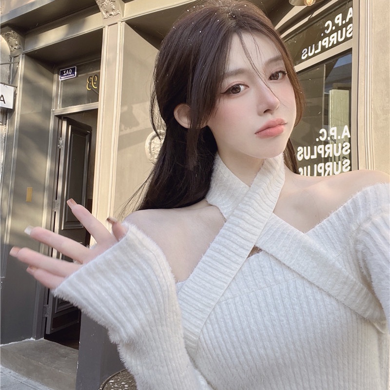 Red Musim gugur dan musim dingin menggantung leher halter kembali slim slim sweater top one shoulder sexy babes gaya keinginan murni rajutan kemeja bottoming untuk wanita