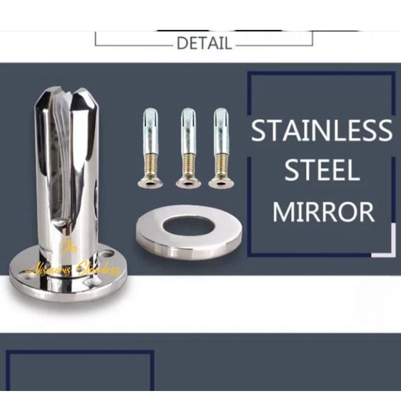 SPIGOT/BRACKET KACA BULAT STAINLESS SS 304 MIRROR SILVER_AMBALAN KACA/FITTING GLASS