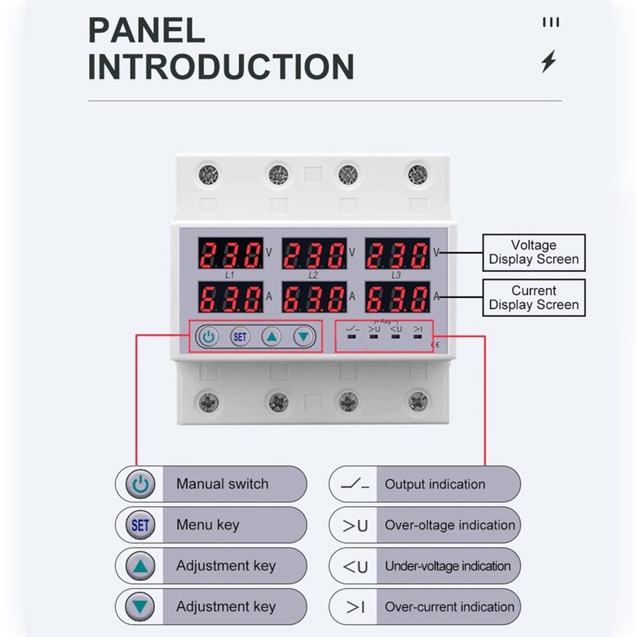 3 Phase 380V 3-63A Din rail Voltmeter Ammeter Adjustable Over and Under Voltage Current Limit Protection Monitor Relays Protector