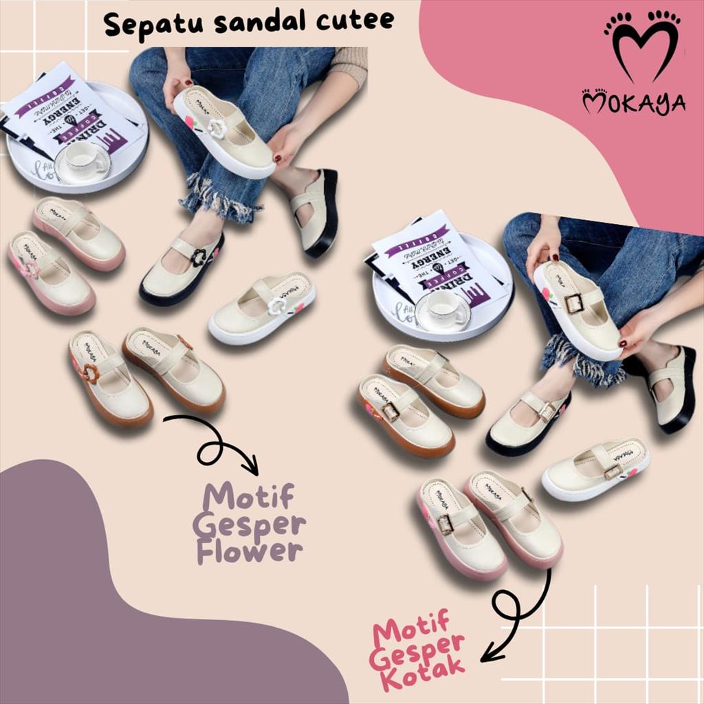 (2338-322/2338-323) Sepatu Sandal Slop Wanita Gesper Kotak dan Bunga Motif Peach Samping Platform Tebal Casual Super Empuk Trendy Import Mokya / Size 36-41