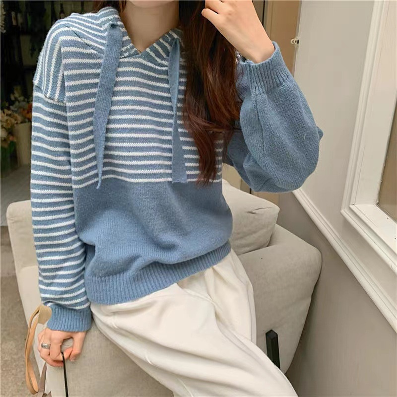 Fira Sweater Hoodie Stripes Top Soft Knit Import - Baju Rajut Wanita Tangan Panjang TM (M3808)