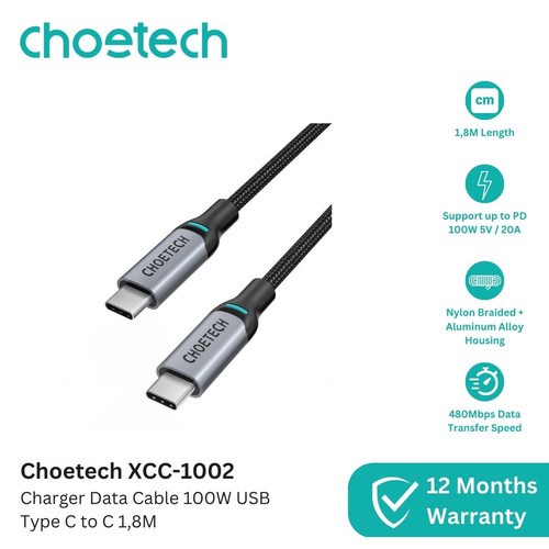 Choetech Kabel Charger 100W 5A PD USB Type C to C 1,8M 180CM - XCC-1002