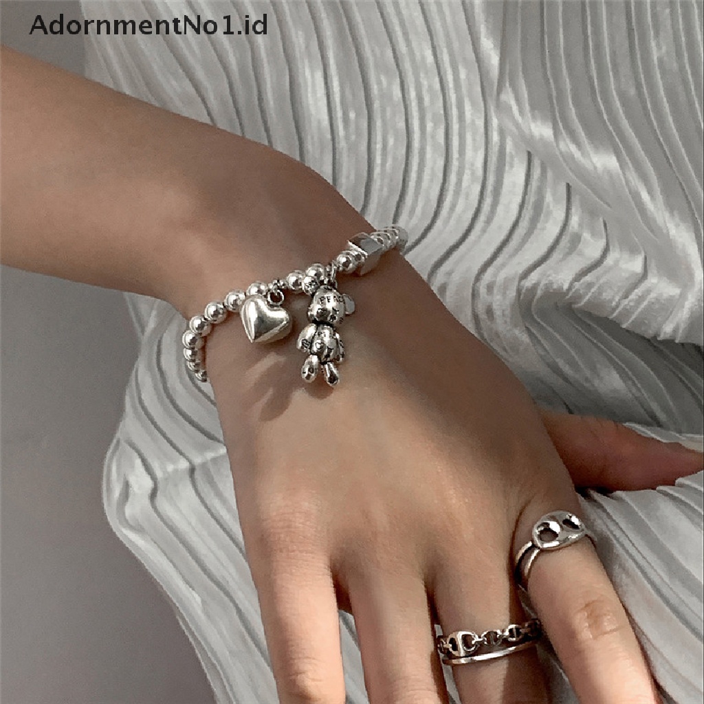 [AdornmentNo1] Gelang Punk Warna Silver Untuk Wanita String Beads Aksesoris Tren Vintage Sederhana Lucu Beruang Liontin Pesta Perhiasan Halus [ID]