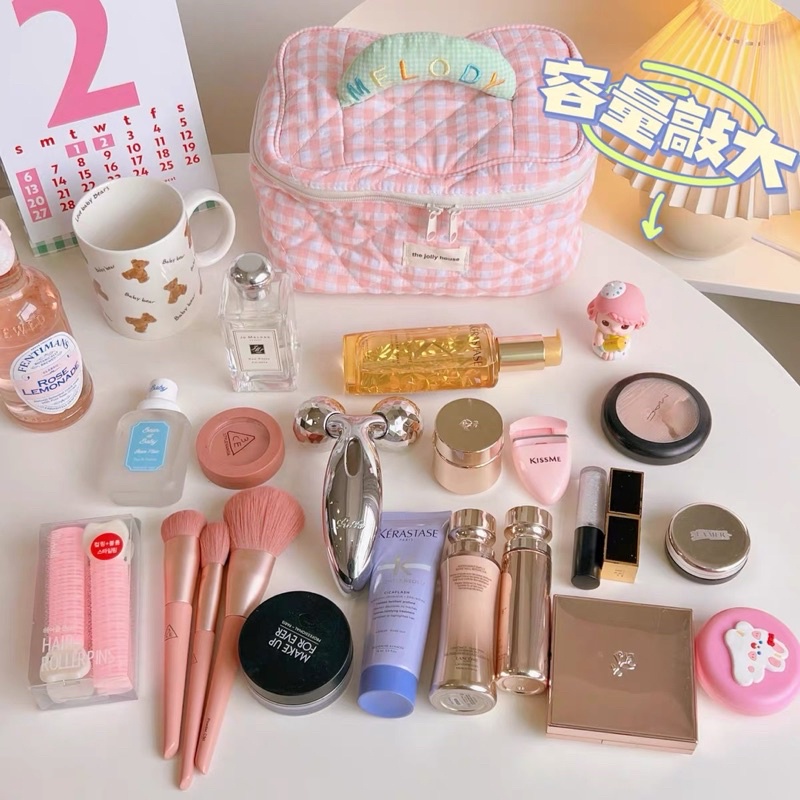 MELODY GRID COSMETIC BAG / TAS PENYIMPANAN BERKAPASITAS BESAR / TRAVELLING POUCH ORGANIZER /  KOREAN CUTE PILLOW MAKE UP POUCH / TAS MAKEUP BANTAL PASTEL COLOR / TAS KOSMETIK PERJALANAN WANITA TAHAN AIR / KOTAK PENSIL ESTETIK / FLUFFY KOREAN POUCH