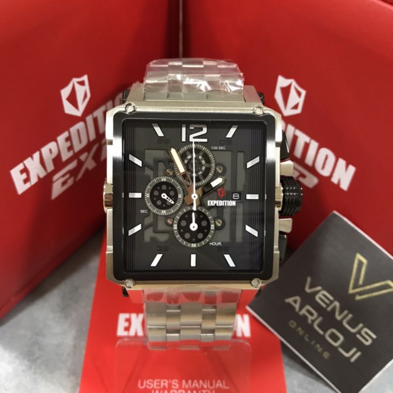 Jam Expedition SE 6618 MC BTB Pria Rantai Silver Ring Hitam Segi