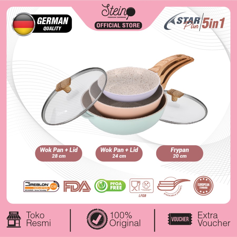 Panci Set Steincookware StarPan 5in1 Wok Frypan Star Tutup Kaca Stein Frypan Wok Stein Lid Wood Handle