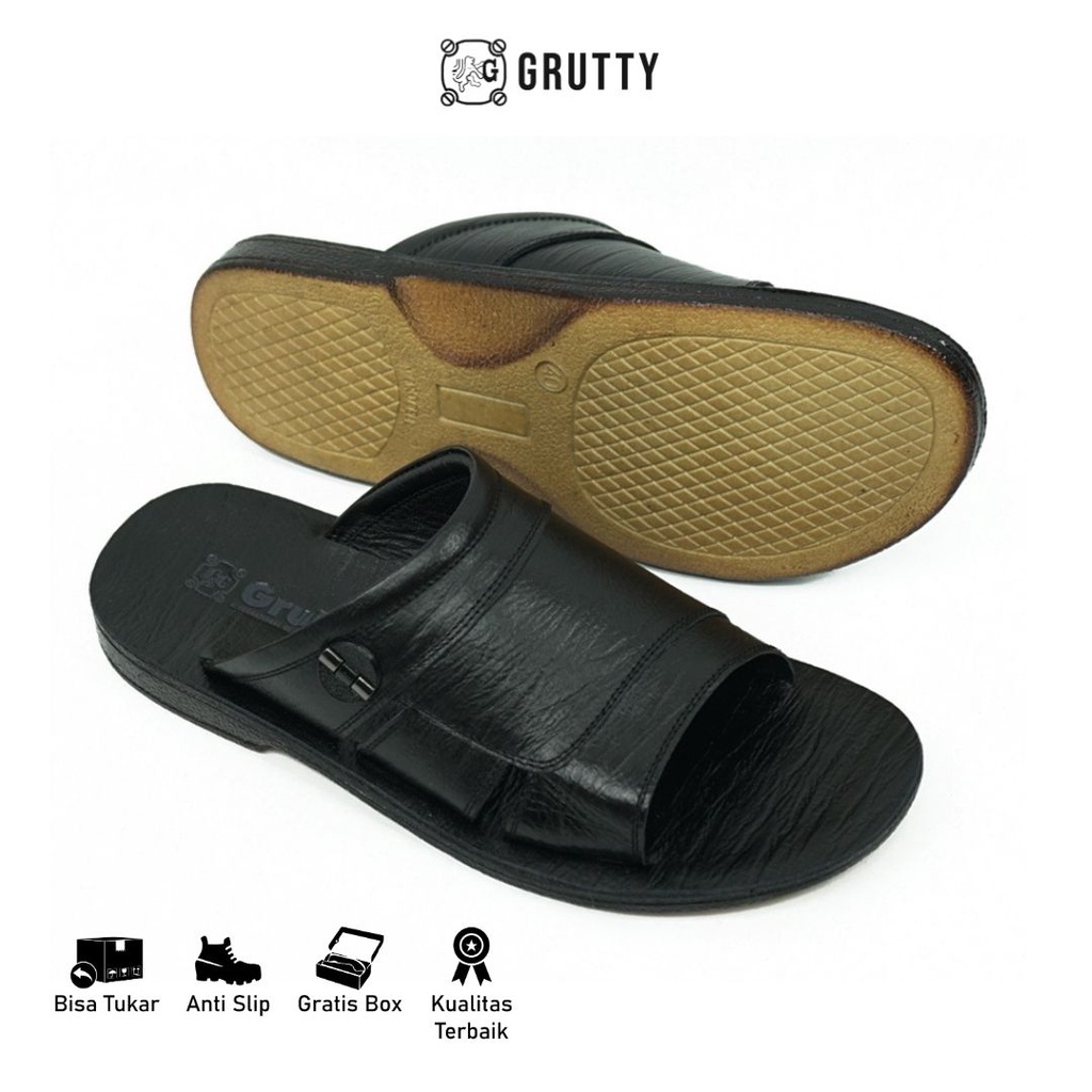 Grutty Sandal Pria Sendal Kokop Cowok Kulit Asli Casual Slide Premium Hitam