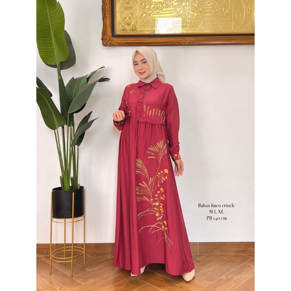 Zaja - Baju Gamis Linen Bordir Motif Bunga Pada Cantik &amp; Mewah Busana Muslim Perempuan Dewasa Dress Muslim Perempuan Dewasa 2022 Busana Muslim Perempuan Polos Rempel Dada &amp; Krah Plus Lengan karet Kekinian Dengan Desain Mewah