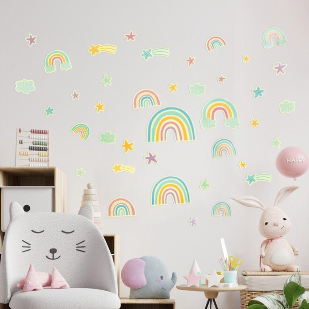 [Elegan] Pelangi Decal Self-adhesive Tahan Air Bercahaya Seni Mural Neon Stiker Bintang DIY Dekorasi Kamar Anak Latar Belakang Wallpaper Dinding