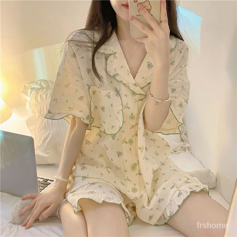 Jepang musim panas baru gadis piyama ins, cardigan cardigan sweet little floral pendek -set pakaian