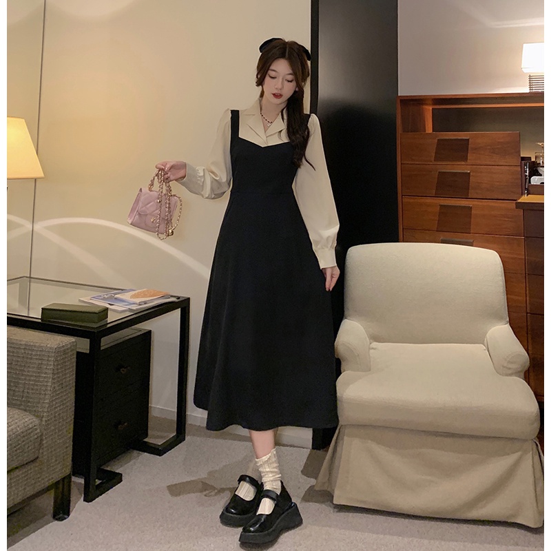 Fashion Lengan Panjang Gaun Wanita Midi A-Line Kerah Dress