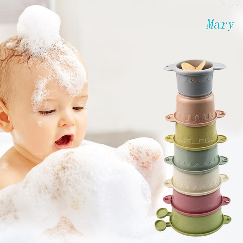 Mary 7Pcs Shower Mainan Bayi Susun Cangkir Bangunan Mainan Pasir Air Mainan Untuk w/Drain Bawah Edukasi Kamar Mandi Mainan Untuk In