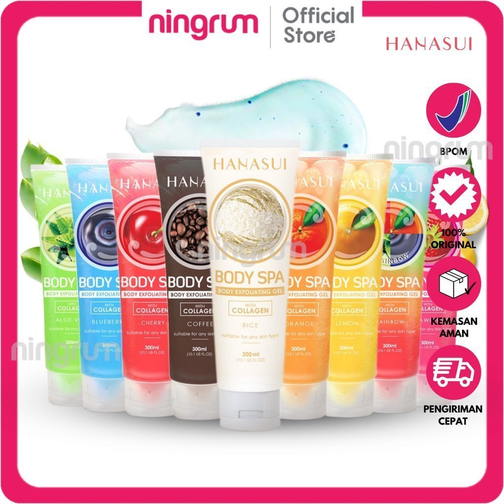 Ningrum Hanasui Body Spa Exfoliating Gel Aloe Vera | Strawberry | Cherry | Blueberry | Rainbow | Coffee With Collagen 300ml Perontok Daki dan Kulit Mati Body Care Ori - 5010