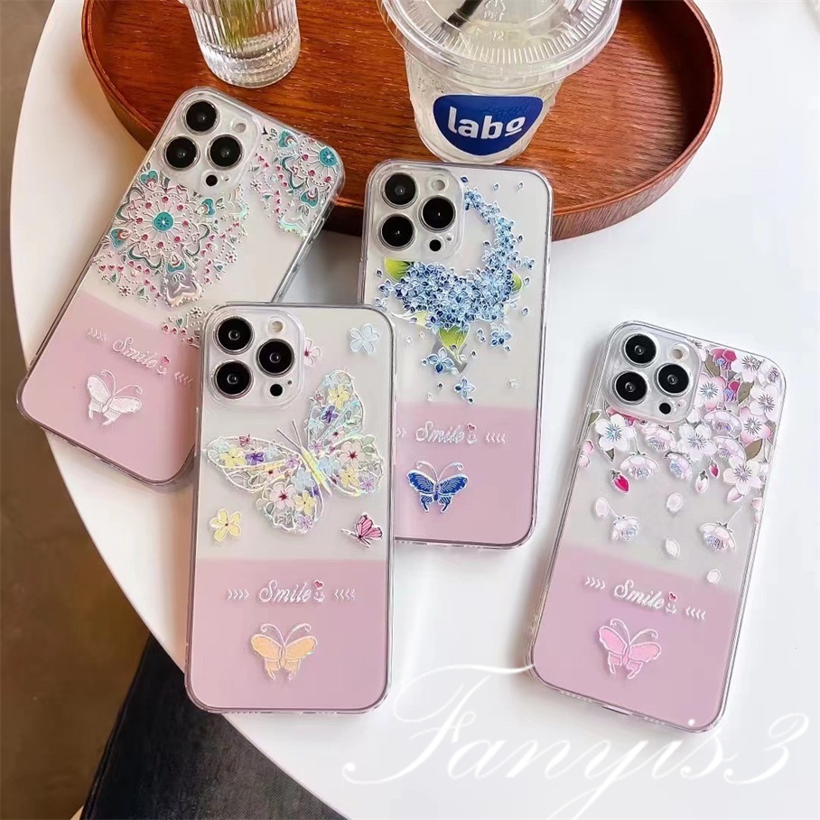 Compatible For iPhone 14 13 12 11 Pro Max X XR Xs Max 8 7 6 6s Plus SE 2020 Kompatibel Untuk Ins Bunga Kupu-Kupu Ponsel Case Bening TPU Lembut Cover Pelindung