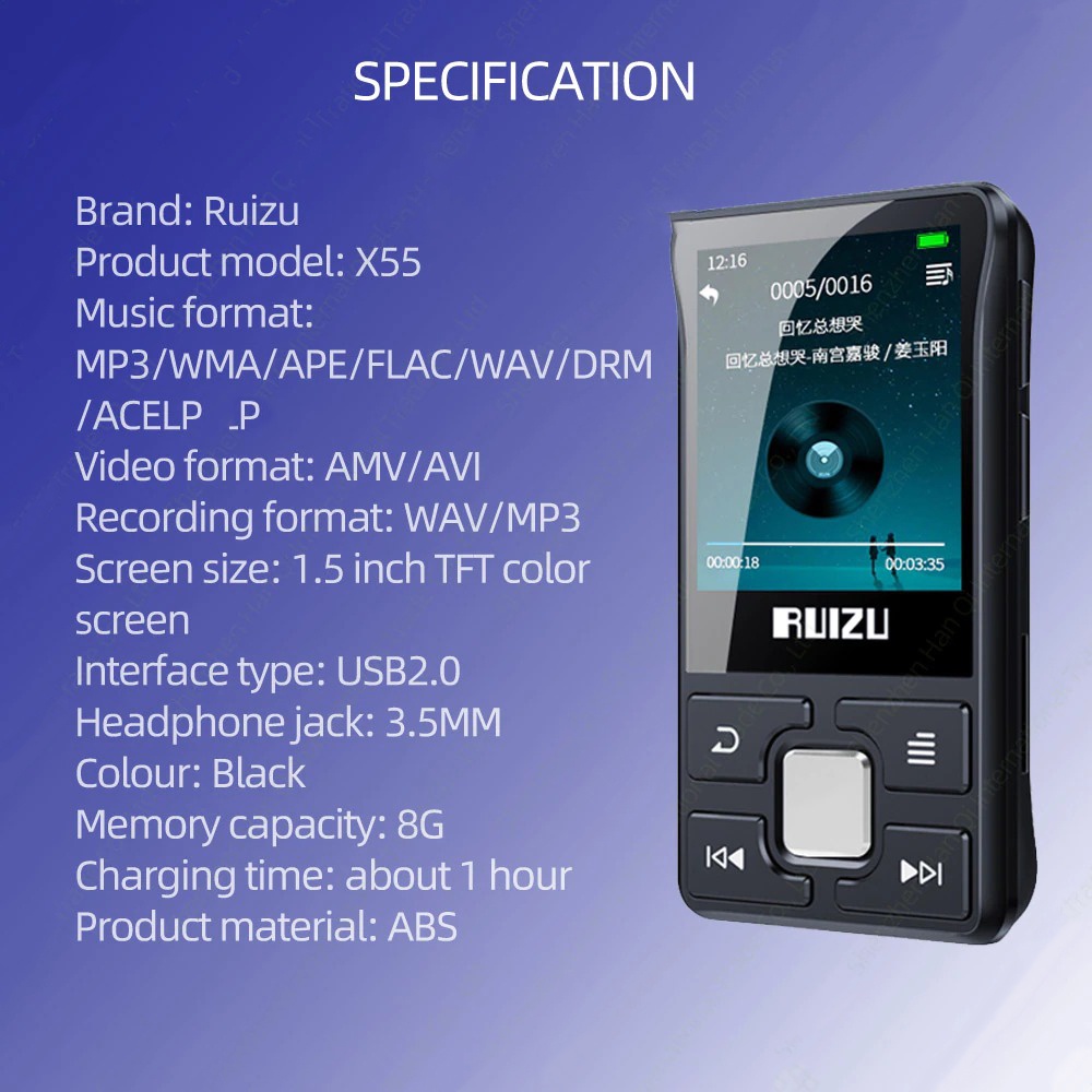 Ruizu Sport Bluetooth MP3 Player DAP with Back Clip 8GB - X55 - Black