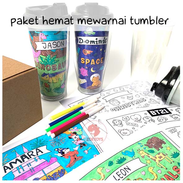 Zoetoys Paket Hemat Mewarnai Tumbler 2 | Cari Bingkisan Hampers Seri Botol Gift Souvenir Goodie Bag Kado Ulang Tahun Christmas Disney Princess Space Easter Paskah Activity| Paket Mainan Mewarnai Aktivitas Anak Melukis | DIY Art and Craft