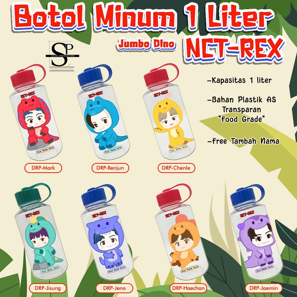 Botol Minum 1 Liter Jumbo Dino NCT REX BPA FREE Custom Nama