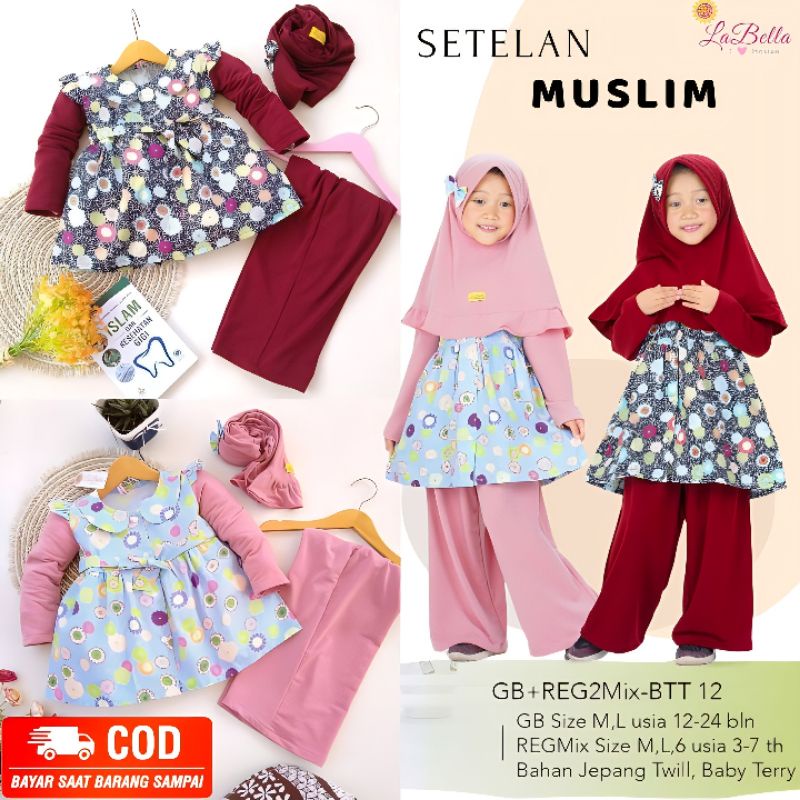 LABELLA SETELAN CELANA MUSLIM SET JILBAB ANAK BALITA 12-24 BULAN ATASAN TUNIK LUCU MOTIF BUNGA MAT K