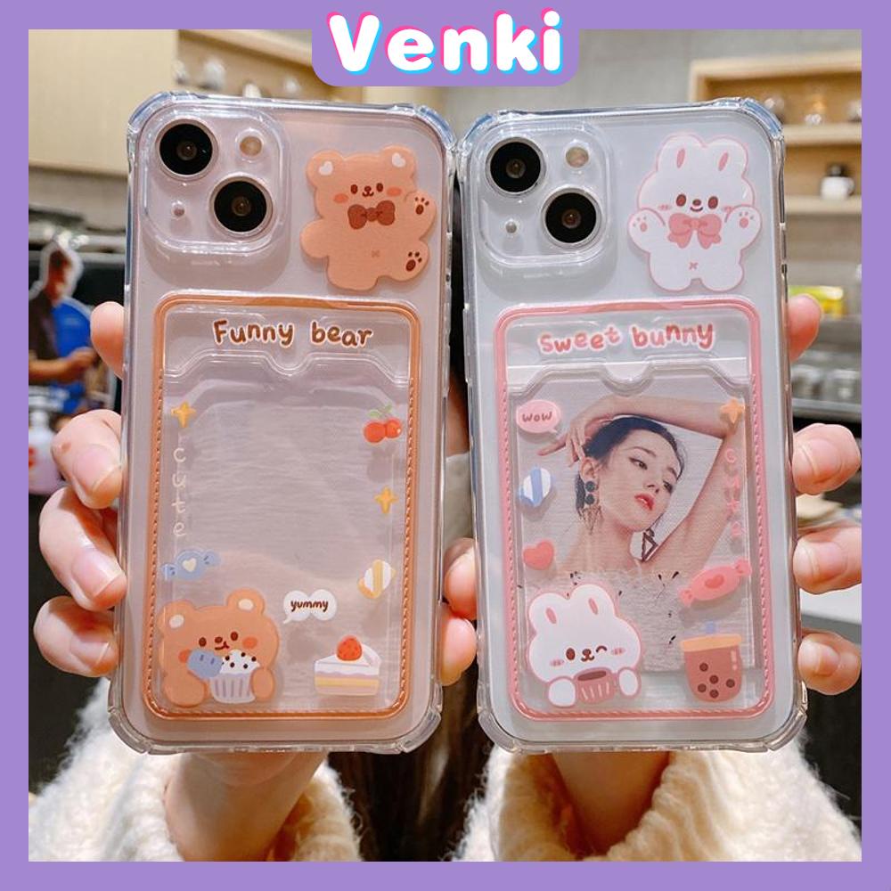 For iPhone 14 Pro Max Card Holder Case Clear Card Storage Back Cover Cute Cartoon Bear Bunny Camera Protection Shockproof For iPhone 14 13 12 11 Plus Pro Max 7 Plus X XR