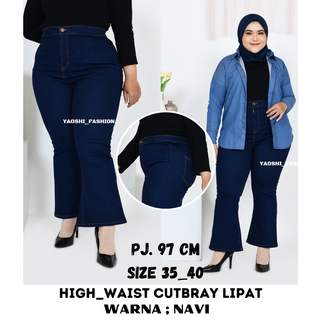 celana panjang Wanita  high waist Jeans Cutbray LIPAT Super Jumbo Size 35_40