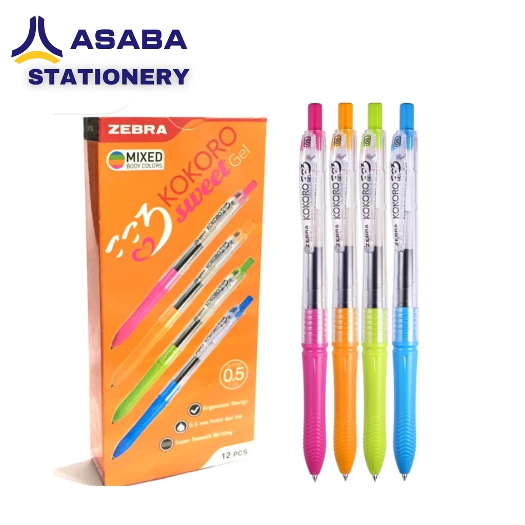 Asaba Stationery - Pen/Bulpen/Pulpen Tinta Hitam Body Warna-Warni Gel Kokoro Sweet 05mm - 1 Lusin Is
