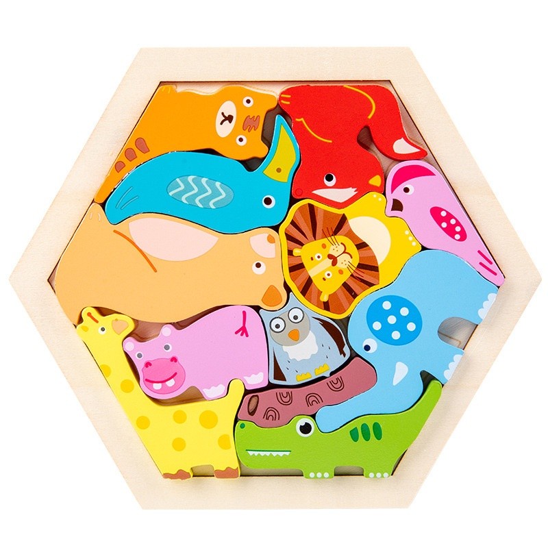 Puzzle 3D hexagon animal angka anak, Puzzle cocokkan bentuk kayu anak