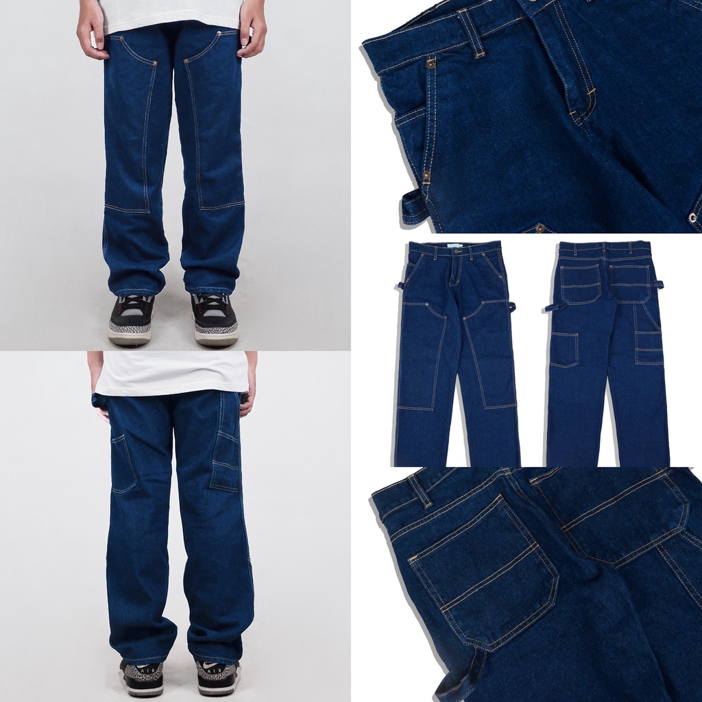 CELANA JEANS CARPENTER PANTS BLUE DENIM BIO WASH LOOSE FIT JUMBO BIG SIZE VONSEEY