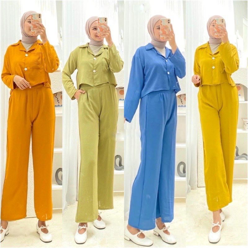 One Set/Setelan Kemeja Crop Top Blezer Cringkle Wanita Lengan Panjang
